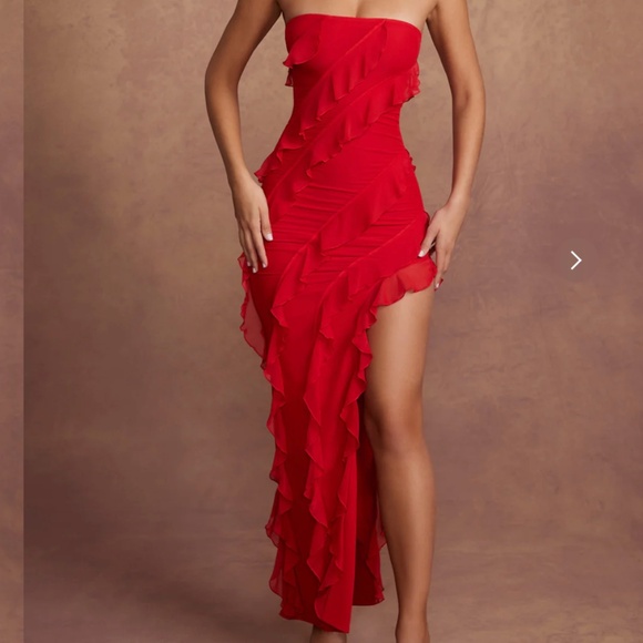 Bandeau Ruffle Detail Maxi Dress in Red - Picture 1 of 9